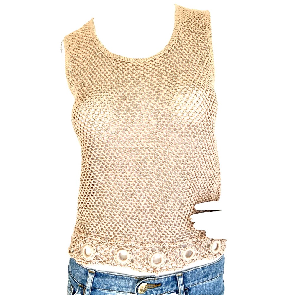 Crochet Tank Top Womens Small Tan Metal Grommet Ring Open Knit Festival Boho
